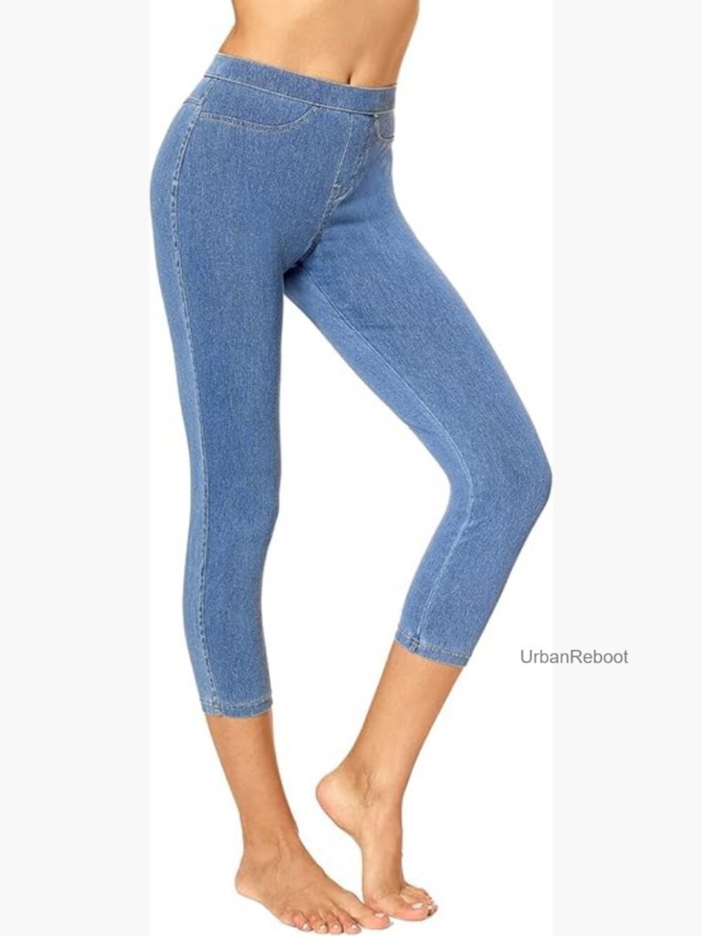 Classic Denim Capri Leggings with Pockets, Stretch Pull On Pants